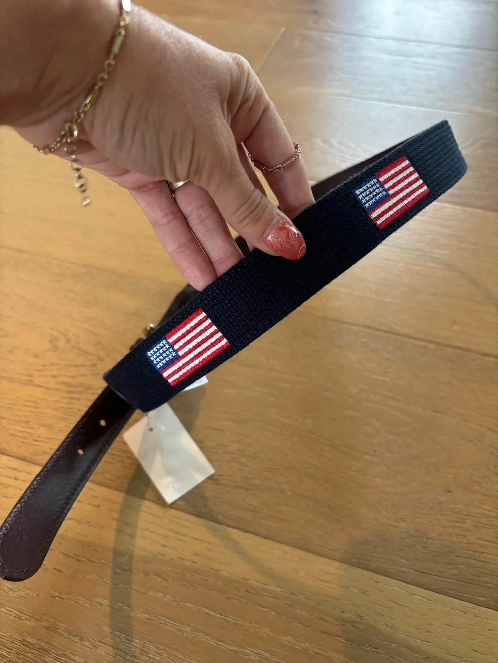 J. Crew Embroidered American flag belt Sz 34 NWT Navy Leather USA patriotic mens